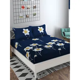 Bajo's Navy Blue & White Floral Printed 250 TC Fitted Queen Bedsheet with 2 Pillow Covers-picture-17