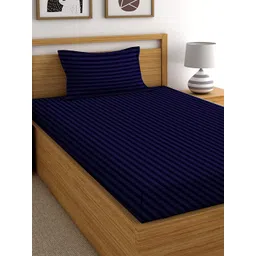 Bajo's Navy Blue Striped 220 TC Flat Cotton Single Bedsheet with 1 Pillow Cover-picture-13