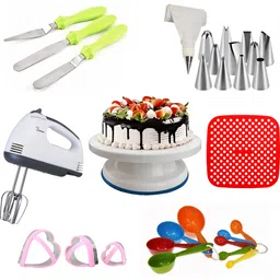 bakeazy Cake Decoration Stand with Knife, Icing Piping Bags Baking Combo 7 Piece Set Plastic Cake Server-picture-16