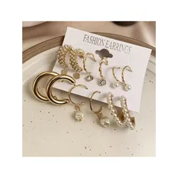 Balasundri Set Of 9 Gold-Plated Artificial beaded Contemporary Shaped Hoop Earrings-picture-18
