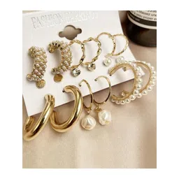 Balasundri Set Of 9 Gold-Plated Artificial beaded Contemporary Shaped Hoop Earrings image 3