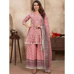 BAMSOM WEAR Women Ethnic Motifs Printed Pleated Kurti with Palazzos & With Dupatta-picture-21