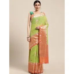 Banarasi Silk Works Olive Green Cotton Woven Saree With Unstitched Blouse-picture-13