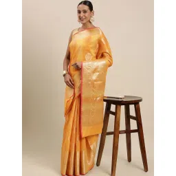 Banarasi Silk Works Yellow Silk Woven Saree With Unstitched Blouse image 3