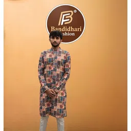 bandidhari fashion Men Patchwork, Printed, Geometric Print, Floral Print, Paisley Cotton Blend Straight Kurta-picture-22