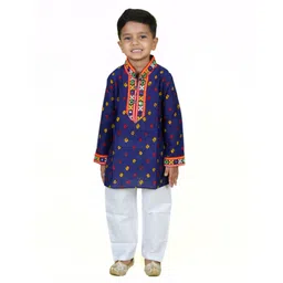 Banjara India Cotton Blend Navratri Theme Full Sleeves Bandhani Printed & Mirror Work Embellished Kurta Pyjama Set - Blue-picture-15