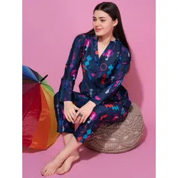 Bannos Swagger Blue & Pink Abstract Printed Night Suit image 4