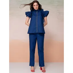 Bannos Swagger Blue Pleated Sleeve Shirt Collar Pure Cotton Top With Trouser-picture-15