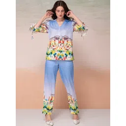 Bannos Swagger Blue Printed Tie-Ups Sleeves Shirt With Trousers-picture-19