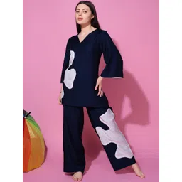 Bannos Swagger Navy Blue & White V-Neck Aplique Detailing Night suit-picture-21