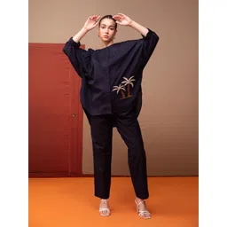 Bannos Swagger Navy Blue Aplic Detailing Cotton Tunic Trouser-picture-33