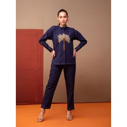 Bannos Swagger Navy Blue Aplic Detailing Pure Cotton Shirt With Trouser-picture-23