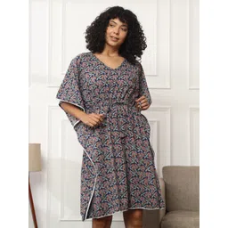Bannos Swagger Navy Blue Floral Printed Pure Cotton Kaftan Nightdress-picture-25