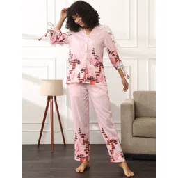 Bannos Swagger Pink Geometric Printed Shirt Collar Pure Cotton Night Suit-picture-29