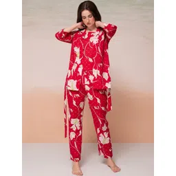 Bannos Swagger Red Floral Printed Pure Cotton Night Suit-picture-14
