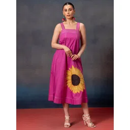 Bannos Swagger Women Floral Printed Square Neck Cotton A-Line Midi Dress-picture-24