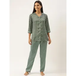 Bannos Swagger Women Satin Green & Black Ethnic Motifs Printed Night suit-picture-33