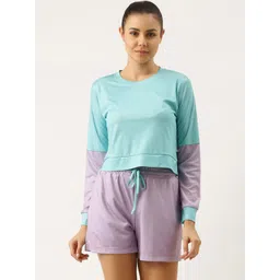 Bannos Swagger Women Turquoise Blue & Lavender Colourblocked T-shirt & Shorts Set-picture-26
