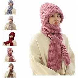 banshik Women Balaclava Hood Scarf Hat Knitted Fleece Elastic Winter Integrated Ear Protection Windproof Cap Beanie Hat, Blue, Large-picture-41