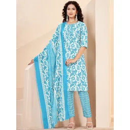 Banwaree Women Floral Printed Thread Work Pure Cotton Kurta with Trousers & Dupatta-picture-20