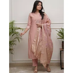 BAPS Women Ethnic Motifs Embroidered Regular Thread Work Chanderi Silk Kurta with Trousers & With Dupatta-picture-30