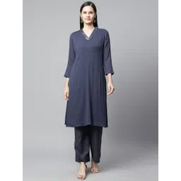 BARARA ETHNIC Women Blue Pleated Pure Cotton Kurta with Trousers image 1