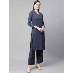 BARARA ETHNIC Women Blue Pleated Pure Cotton Kurta with Trousers image 2