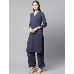 BARARA ETHNIC Women Blue Pleated Pure Cotton Kurta with Trousers image 3