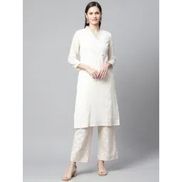 BARARA ETHNIC Women White Pleated Pure Cotton Kurta with Trousers-picture-29