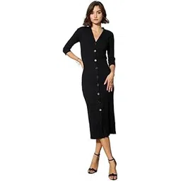 barcino Black Rib Full Front Button V-Neck Midi Dress-picture-18