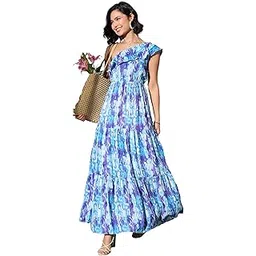 barcino Blue Brush-Stroke Print One Shoulder Maxi Dress-picture-21