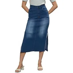 barcino Blue Denim Side Slit Midi Skirt-picture-44