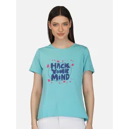 BASE 41 Women Blue Typography Printed Slim Fit Cotton T-shirt-picture-35