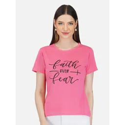 BASE 41 Women Pink Typography Printed Slim Fit Cotton T-shirt-picture-27