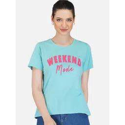 BASE 41 Women Turquoise Blue Typography Printed Slim Fit Cotton T-shirt-picture-24