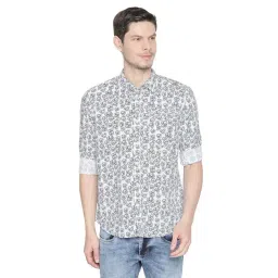 Basics Blue Cotton Linen Slim Fit Printed Shirt-picture-43