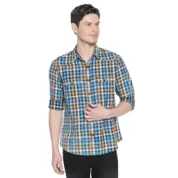Basics Blue Cotton Slim Fit Checks Shirt-picture-35