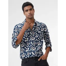 Basics Blue Slim Fit Floral Print Shirt-picture-15
