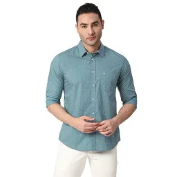 Basics Turquoise Cotton Slim Fit Printed Shirt-picture-44
