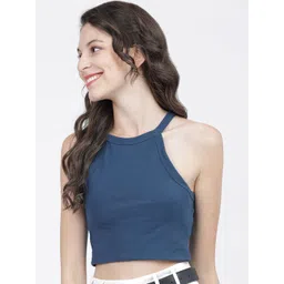 basics by tokyo talkies Tokyo Talkies Women Blue Halter Neck T-shirt image 1