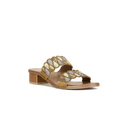 Bata Brown & Gold-Toned Embellished Block Heels-picture-17