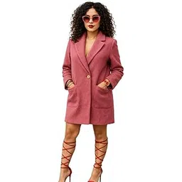 bazriya Elegant Women's Oversized Wool Blend Blazer Coat, Rose Pink, Long Sleeve, Single Gold Button, Formal Business Wear-picture-22