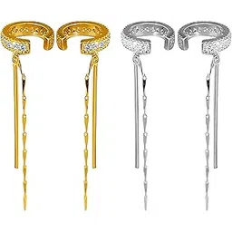 bcnjepin Non Piercing Earrings for Women, 2 Pairs Tassel EarCuffs for Women Fashion Without Piercing, Gold and Silver Alloy Pressing Earrings, Stylish Ear Chain for Parties and Shopping-picture-26