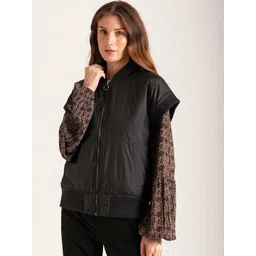 B.Copenhagen Women Black Crop Bomber Jacket with Embroidered-picture-32