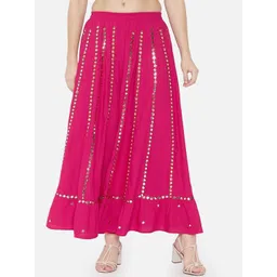 BCZ Style Embellished Mirror Work Maxi Flared Skirt-picture-24