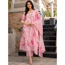 BE IN TEXO FAB Women Floral Printed Regular Thread Work Chanderi Cotton Kurta with Trousers & With Dupatta-picture-32
