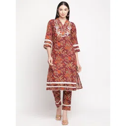 Be Indi Floral Printed Thread Work Pure Cotton A-line Kurta With Trousers-picture-12