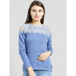 Be Indi Women Blue & White Striped Lace Insert T-shirt-picture-34