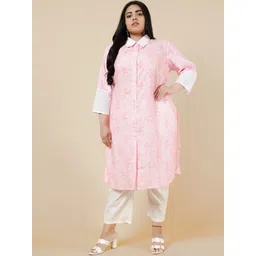 Be Indi Women Collared Floral Straight Linen Multiple Slits Regular Kurta-picture-33