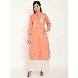 Be Indi Women Mandarin Collar Striped Straight Multiple Slits Regular Kurta-picture-37